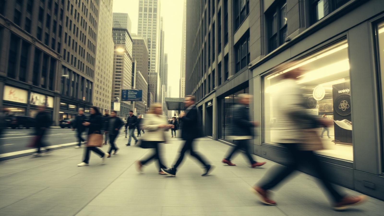Pedestrians moving quickly along a New York City sidewalk