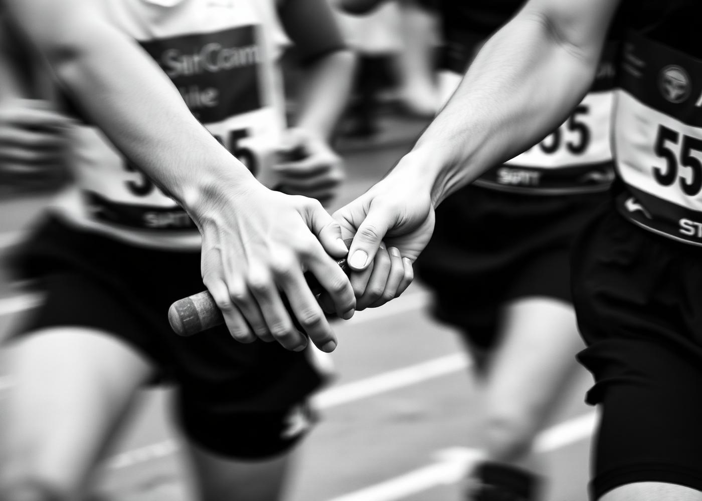 Relay runners exchanging a baton mid-race