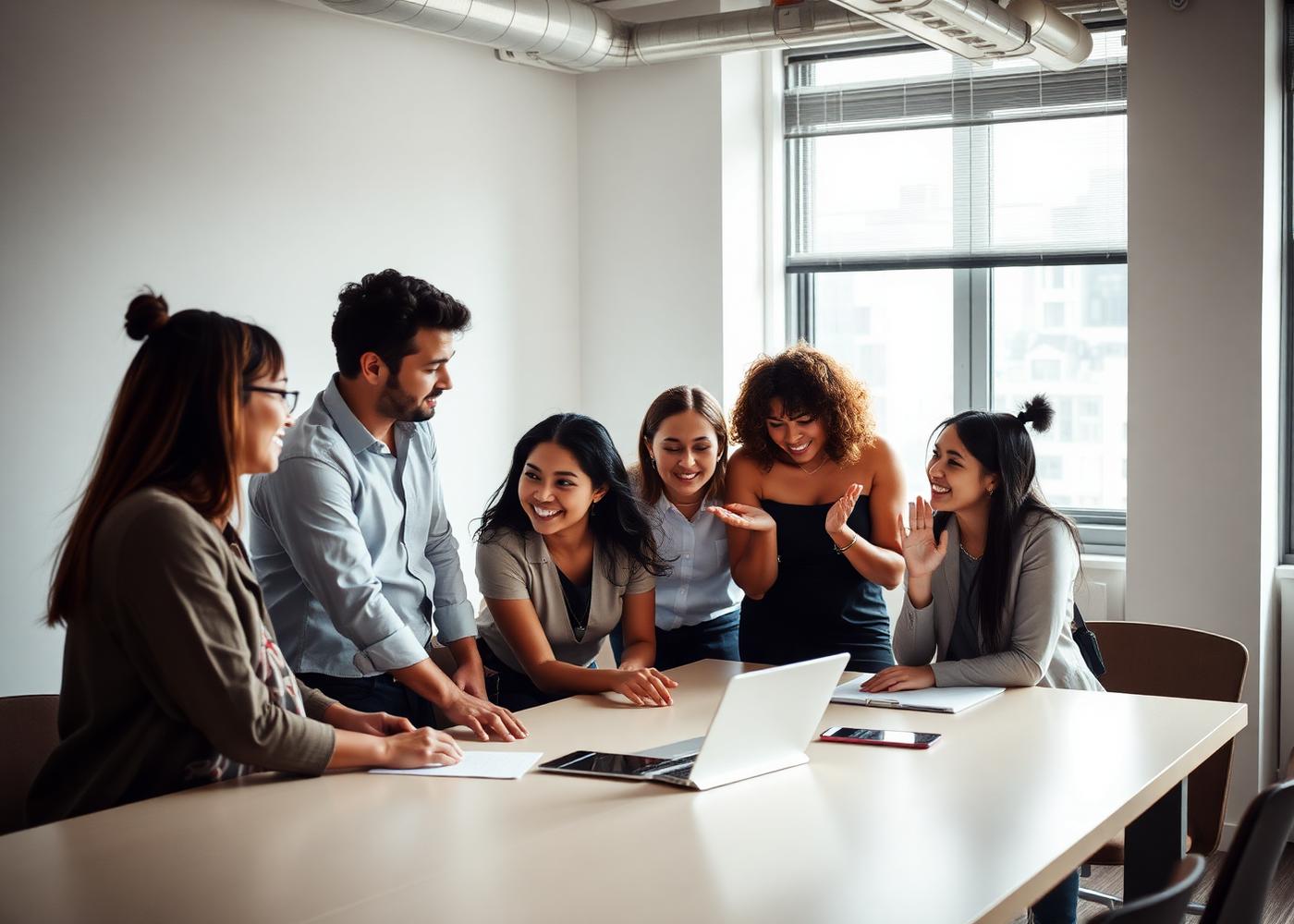 A young professional team gathered around a table in a New York office